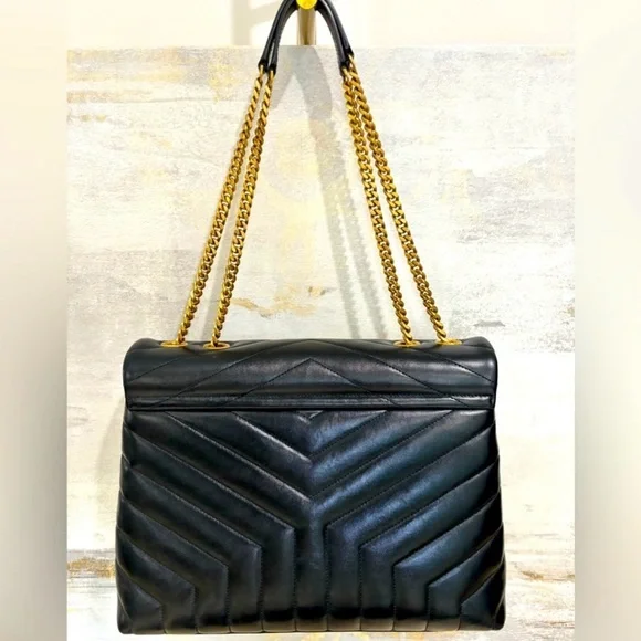 YSL Saint Lauren Loulou Medium Quilted Chevron Bag Black/Gold - Picture 4 of 17
